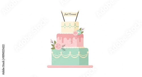 Three Tier Wedding Cake with Decorations and Topper.