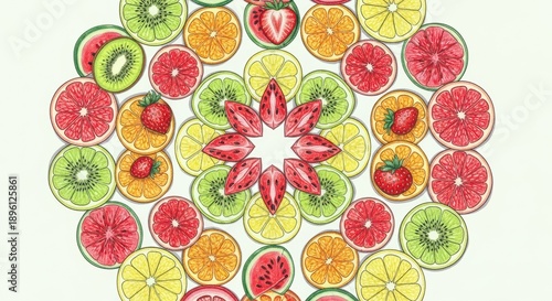 Vibrant Fruit Mandala Pattern: Oranges, Kiwis, Strawberries, Lemons, Grapefruit