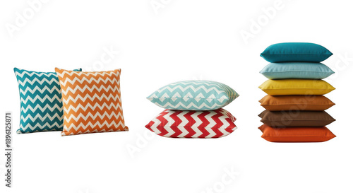 Colorful chevron pattern throw pillows isolated on transparent background