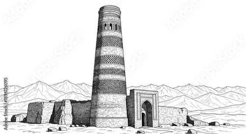 Historic Tower Ruins in a Desert Landscape, Black and White Illustration