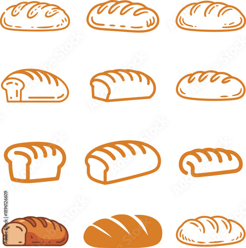 Bread Line Icon Set with Various Loaf Shapes, Bakery Bread Icons Collection in Outline Style