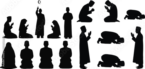 Diverse group of people in prayer poses depicted as a black silhouette