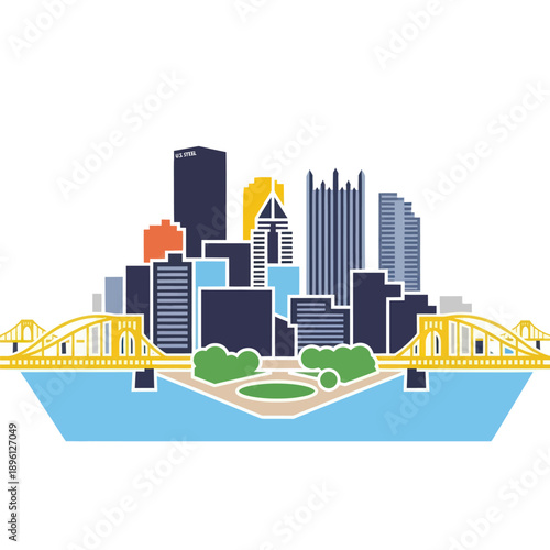 Pittsburgh Skyline with Yellow Bridges and River, Flat Design