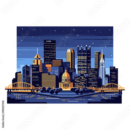 Pixel Art Cityscape at Night with Illuminated Buildings and Bridges