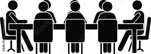 Black and white meeting illustration, seven people around table, business teamwork concept, corporate discussion scene, professional collaboration, vector silhouette, office environment