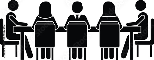 Black and white meeting illustration, six people around table, business conference scene, corporate teamwork concept, professional discussion, vector silhouette, collaboration moment