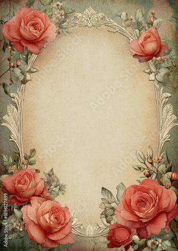 Romantic Vintage Rose Frame in Soft Pastel Red with Ornate Floral Detail