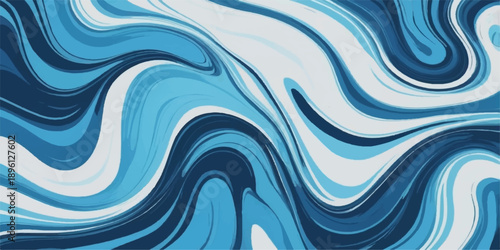 An abstract blue background features wavy liquid motions and swirling light lines to create a fluid water texture with a curved vector design element for a sea-inspired wallpaper
