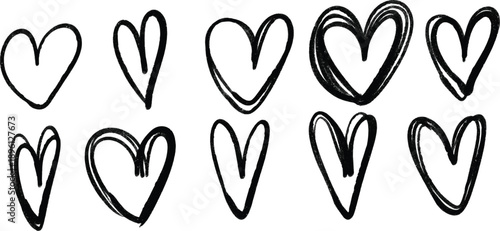 Black hand drawn heart icons, rough textured sketch variations, bold outlines, scribbled shading, creative abstract love symbols, artistic graphic design accents.