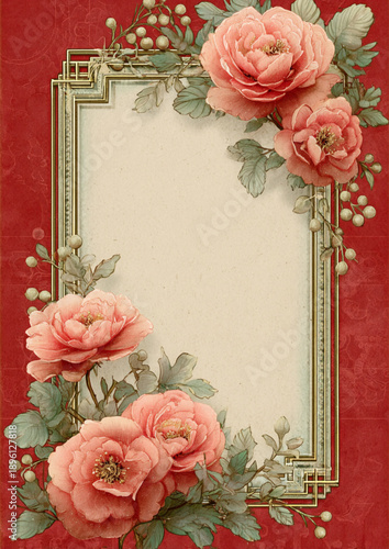 Romantic Vintage Rose Frame in Soft Pastel Red with Ornate Floral Detail