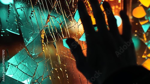 Shattered glass, vibrant colors, hand reaching through