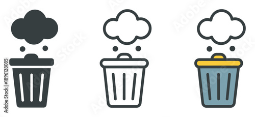 Mental decluttering trash bin illustration with thought cloud above, representing clearing unnecessary thoughts, mind organization, cognitive clarity