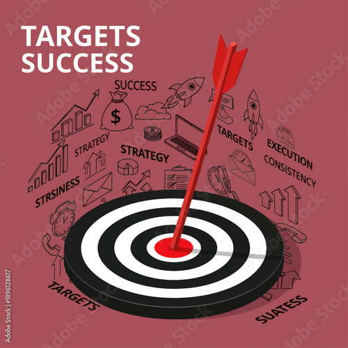 Red Arrow Hitting Target Center Bullseye.