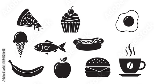 Collection of Black Food Silhouettes: Pizza, Burger, Coffee, and Snacks