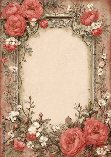 Romantic Vintage Rose Frame in Soft Pastel Red with Ornate Floral Detail