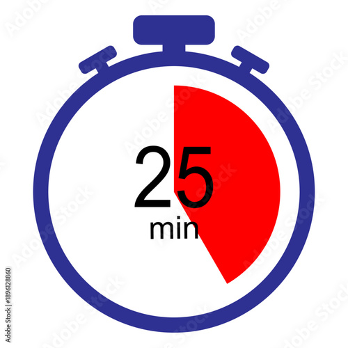 Stopwatch timer icon showing twenty five minutes countdown, pomodoro style focus session symbol