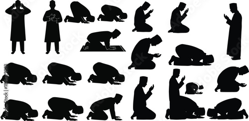 Diverse praying figures in various poses depicted as a striking silhouette