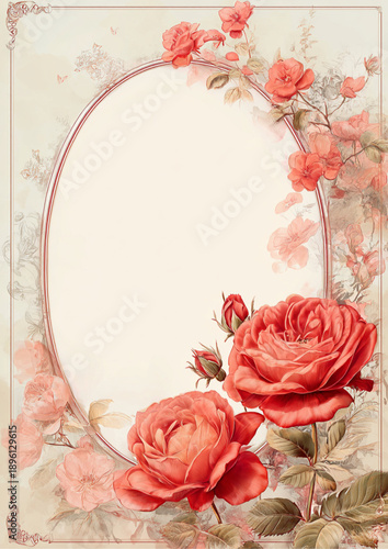Romantic Vintage Rose Frame in Soft Pastel Red with Ornate Floral Detail