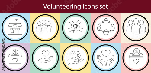 Volunteering icons set community charity and helping hands illustrations