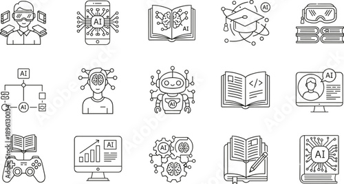Artificial intelligence education icon set, AI learning technology line icons for digital training coding robotics and online study