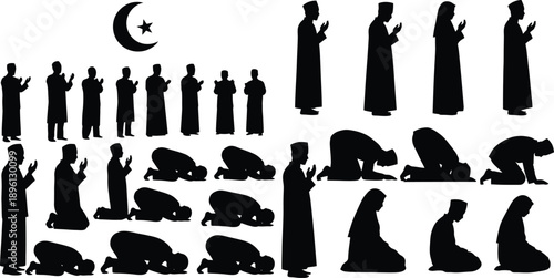 Islamic figures in prayer poses with crescent moon black silhouette
