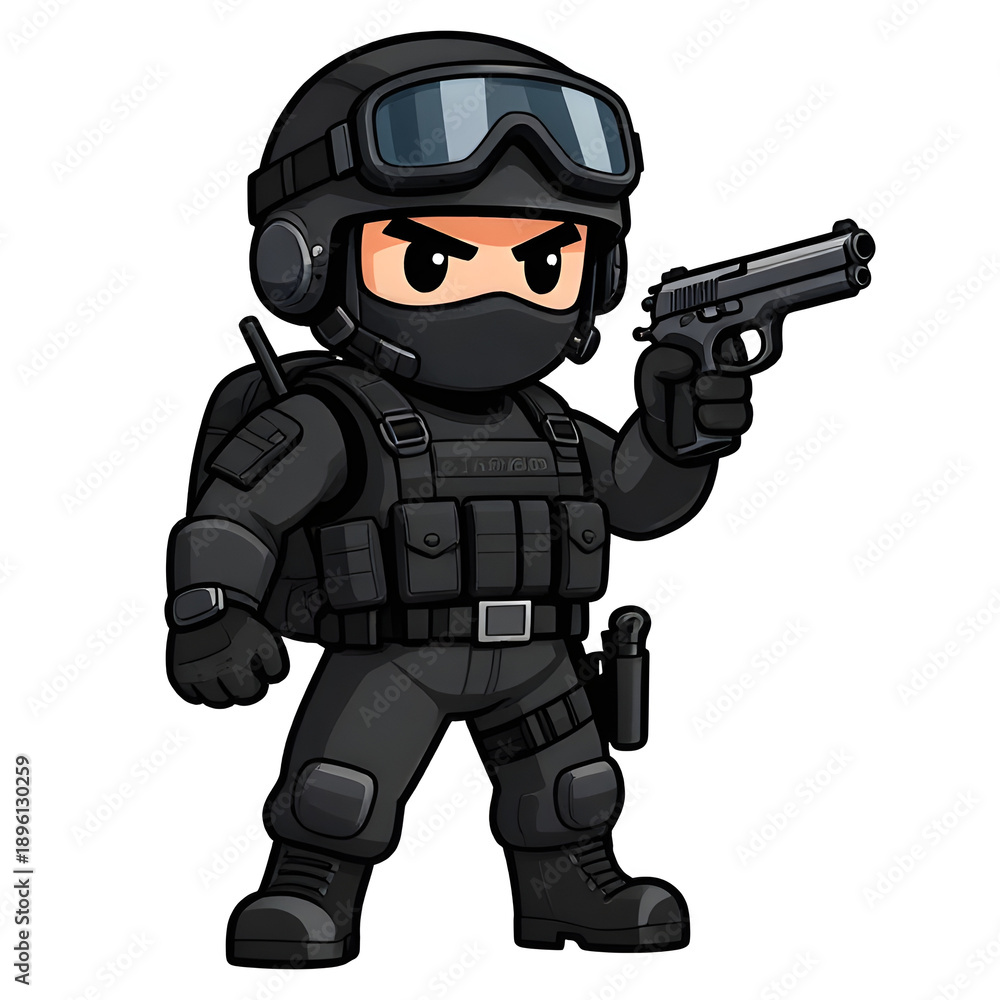 Obraz premium A sturdy special forces soldier with a combat weapon, fully equipped in special combat gear. Cartoon mascot, illustration, clean lines, flat design, modern, high quality