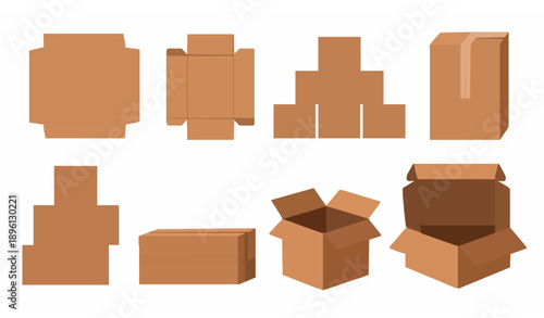 Brown Packaging Box Flat Vector Set with Cardboard Shipping Boxes Isolated on White Background