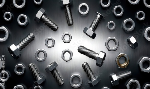 A collection of metal bolts and nuts arranged on a dark surface with a spotlight shining on them.