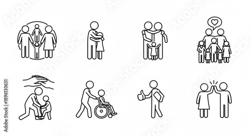 Collection of Simple Line Art Icons Representing Human Relationships and Support.