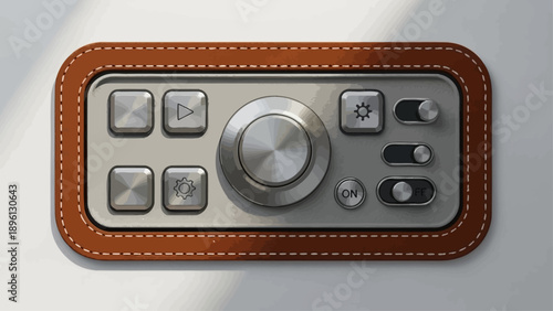 Close-up of a vintage control panel with leather trim and metal buttons.