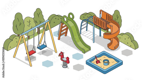Colorful isometric playground equipment with swings, slides, and sandbox.