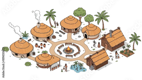 Illustration of a primitive village with thatched-roof huts and a central campfire.
