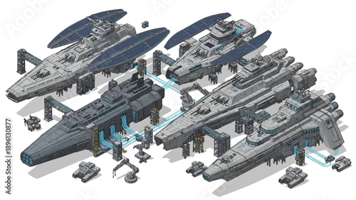 Isometric view of a sci-fi space fleet and starship construction