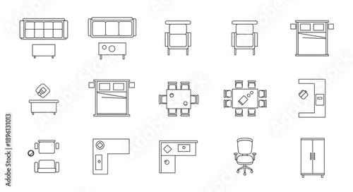 Collection of hand drawn furniture icons and symbols top view.