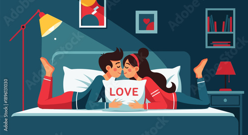 Romantic couple kissing in bed at night with love pillow vector art