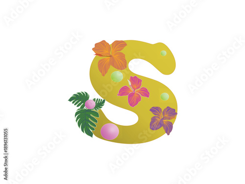 Golden letter S decorated with vibrant multicolored hibiscus flowers, colorful decorative balls, and tropical leaves. A lively and playful floral tropical typography design on a transparent background