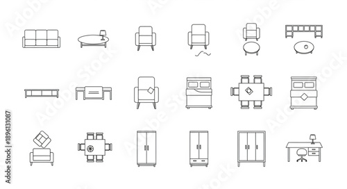 Collection of hand drawn furniture icons for interior design.