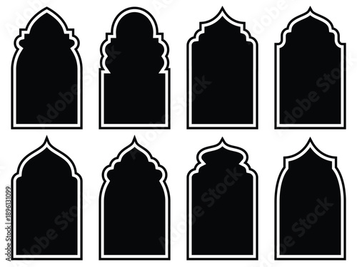 Islamic Arch Window and Door Shapes Set, Arabic Arabesque Frame Templates, Mosque Gate Arabic Frame, Ramadan Kareem Vector Illustration