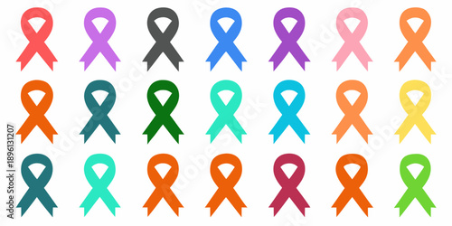 A collection of colorful awareness ribbons arranged in a grid pattern