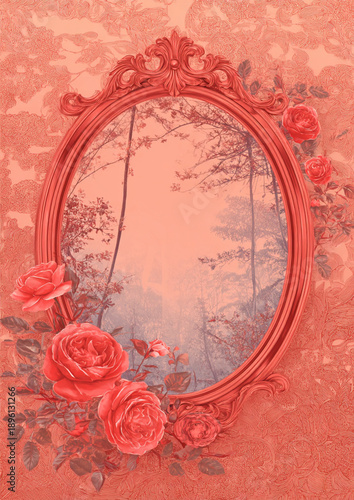 Romantic Vintage Rose Frame in Soft Pastel Red with Ornate Floral Detail