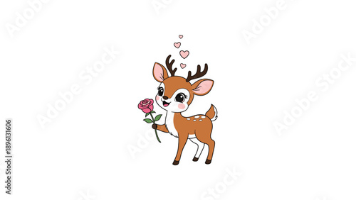 Sweet baby deer fawn holding pink rose flower with hearts above head for love and nature themed greeting cards and decorations.