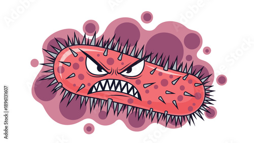 Scary red bacterium or virus character with sharp spikes and angry face for medical education and illness prevention awareness.