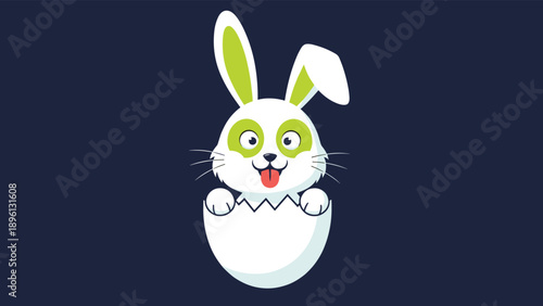 Cute bunny peeking out of white cracked eggshell with green accents for funny easter holiday celebration and springtime children themes.