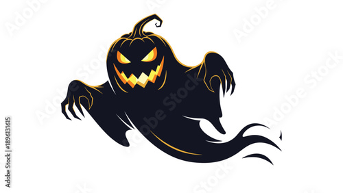 Floating scary ghost with large pumpkin head and jagged glowing teeth for halloween horror and festive spooky atmosphere decorations.