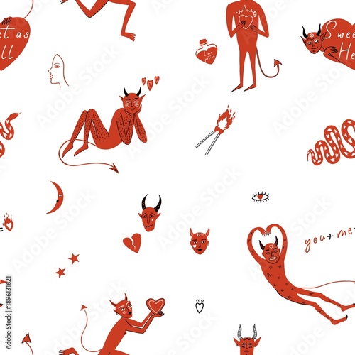 Cute Valentine Devils Seamless Pattern with Hearts in hand drawn style on White Background
