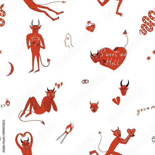 Cute Valentine Devils Seamless Pattern with Hearts in hand drawn style on White Background
