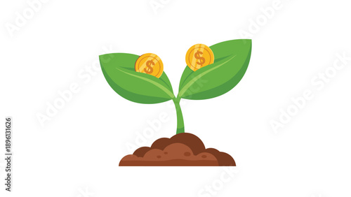 Green plant sprout growing from soil with two gold coins resting on leaves for monetary investment and wealth development concepts.