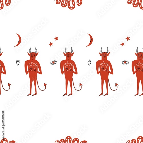 Cute Valentine Devils Seamless Pattern with Hearts in hand drawn style on White Background

