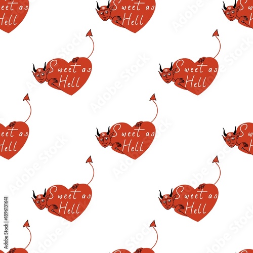 Cute Valentine Devils Seamless Pattern with Hearts in hand drawn style on White Background
