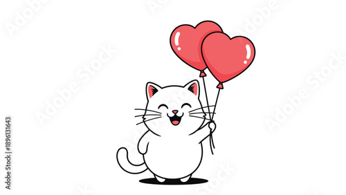 Cute white cat standing and holding two red heart balloons for love and friendship message for pet owners and animal lovers.